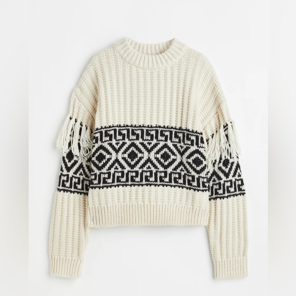 H&M cream and black fringe sweater